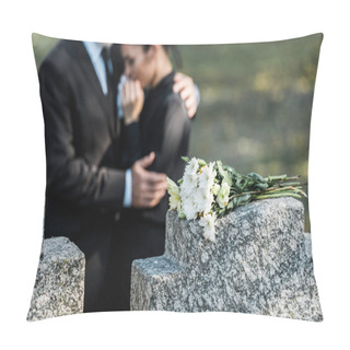 Personality  Selective Focus Of Bouquet On Tombstone Near Man Hugging Woman  Pillow Covers