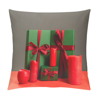 Personality  Red Candles Near Green Wrapped Presents Isolated On Grey  Pillow Covers