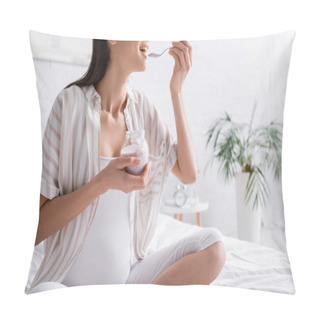 Personality  Cropped View Of Cheerful Pregnant Woman Holding Glass Jar With Yogurt While Sitting On Bed Pillow Covers
