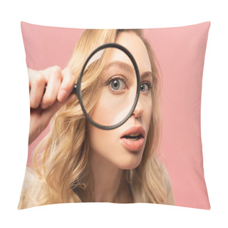 Personality  Blonde Woman Looking Throughout Magnifying Glass Isolated On Pink Pillow Covers