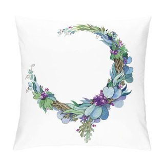 Personality  Watercolor Illustration Of A Floral Wreath. Hand Drawn Flower Arrangement From Eucalyptus, Purple Berries, Tree Branches And Fern. Isolated On White Background. Pillow Covers