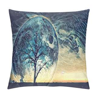 Personality  Fantasy Landscape Illustration Artwork - Lonely Bare Tree Silhouette With Huge Planet Rising Behind It And Galaxy In The Sky. Pillow Covers