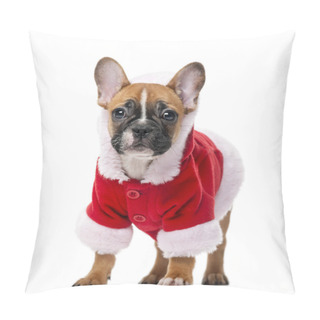 Personality  French Bulldog Puppy Wearing A Santa Coat In Front Of A White Ba Pillow Covers