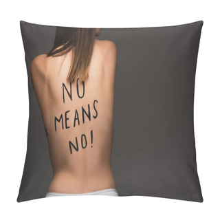 Personality  Back View Of Cropped Woman With No Means No Phrase Written On Body Isolated On Dark Grey Pillow Covers