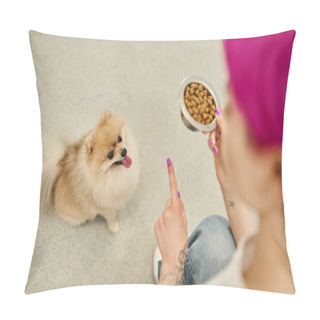 Personality  High Angle View Of Pet Hotel Worker With Bowl Of Dry Food Giving Sit Command To Pomeranian Spitz Pillow Covers