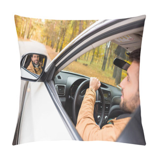 Personality  Smiling Driver Reflected In Car Mirror  Pillow Covers