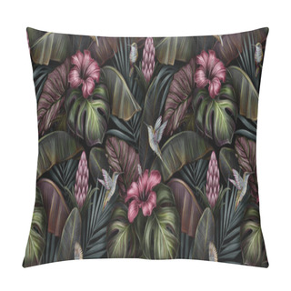 Personality  Tropical Exotic Seamless Pattern With Red Hibiscus, Bromeliad, Birds, Monstera, Banana Leaves, Palm, Colocasia. Hand-drawn 3D Illustration. Good For Production Wallpapers, Gift Paper, Cloth And Fabric Printing. Pillow Covers