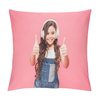 Personality  Smiling Kid In Headphones Showing Thumbs Up Isolated On Pink Pillow Covers