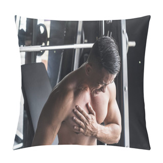 Personality  An Asian Male Suffers A Torn Pectoral Muscle While Doing Heavy Incline Bench Presses On A Smith Machine At A Gym Or Fitness Center. A Common Workout Injury Pillow Covers