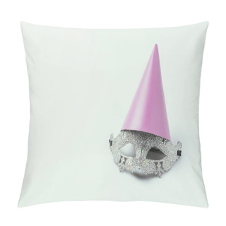 Personality  Close Up View Of Masquerade Mask And Party Cone Isolated On Grey Pillow Covers