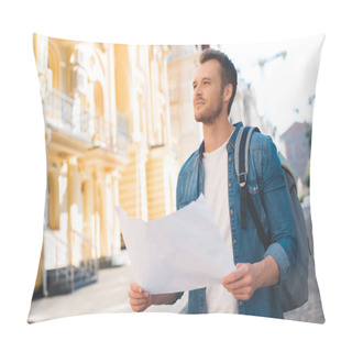 Personality  Handsome Young Tourist With Backpack And Map Looking Up On Street Pillow Covers