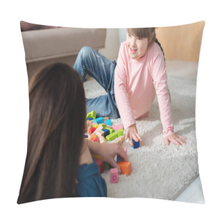 Personality  Daughter With Down Syndrome And Her Mother Playing With Toy Cubes Pillow Covers