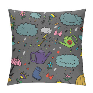 Personality  Seamless Cute Hand-draw Cartoon Style Color Pattern With Umbrella, Zipper, Cloud, Rubber Boot, Drop, Bow, Watering Can, Rainbow, Flower, Heart, Sun Drawing On Gray Background.  Pillow Covers