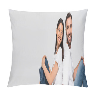 Personality  Horizontal Concept Of Young Interracial Couple In White T-shirts Sitting Back To Back Isolated On White Pillow Covers