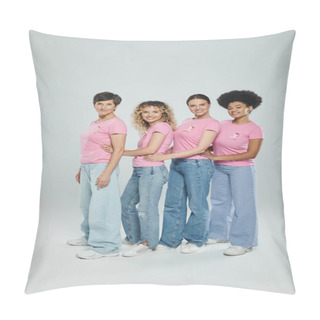 Personality  Interracial Women Different Age Smiling On Grey Backdrop, Joy, Breast Cancer Awareness, Support Pillow Covers