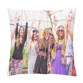 Personality  Group With Many Girls Caucasian Beautiful Models Have Fun Together Celebrating With Colorful Dresses And Friendship All Together. Playing Carrying On The Back And A Lot Of Smiles And Laughs Pillow Covers