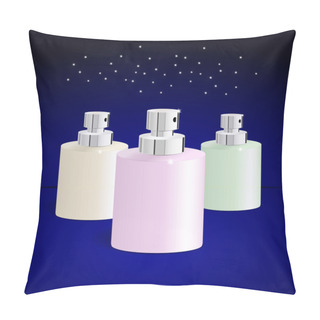 Personality  Set Of Bottles For Perfume On Blue Background, Vector Pillow Covers
