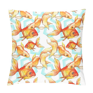 Personality  Watercolor Aquatic Colorful Goldfishes With Geometrical Figures Isolated On White Illustration Set. Seamless Background Pattern. Fabric Wallpaper Print Texture. Pillow Covers