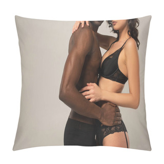 Personality  Cropped View Of Seductive Multiethnic Couple Hugging Isolated On Grey Pillow Covers