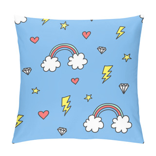Personality  Cute Colorful Seamless Pattern Of Hand Drawn Doodle Elements On Blue Sky Background. Rainbow, Stars, Lightnings, Hearts, Clouds, Diamonds Pattern. Vector Illustration Pillow Covers