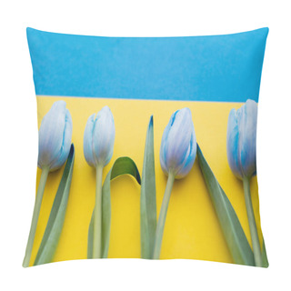 Personality  Close Up View Of Tulips With Leaves On Blurred Ukrainian Flag Pillow Covers