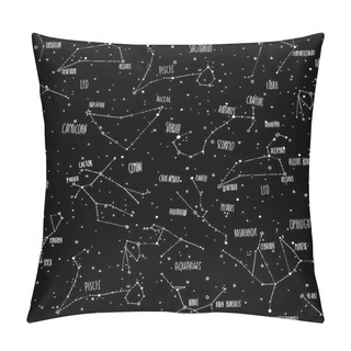 Personality  Zodiac Constellations Hand Draw Pattern On Black Deep Sky, With Cartoon Sketched Stars, Milky Way, Constellations Signs And Names Of Major Suns, Stars. Night Sky Map Seamless Background Pillow Covers
