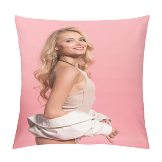 Personality  Happy Sexy Beautiful Blonde Woman In Bodysuit Isolated On Pink Pillow Covers