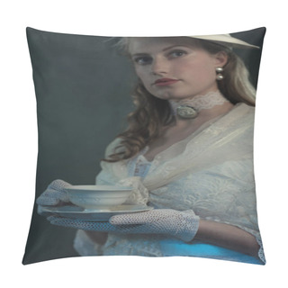 Personality  Woman Holding Cup Of Tea Pillow Covers