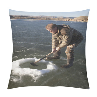 Personality  Man In Camo Chopping Hold In Ice With Axe Down Pillow Covers