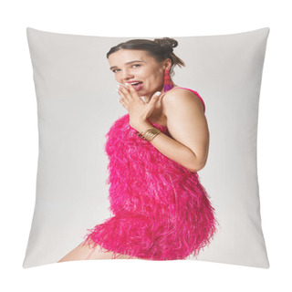 Personality  Bright Young Lady In Chic Pink Dress Smiles With Excitement With Her Hand Covering Lips Pillow Covers