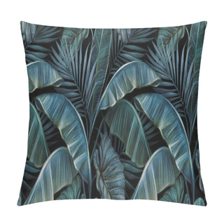 Personality  Tropical Exotic Seamless Pattern With Dark Blue Vintage Banana Leaves, Palm Leaves And Colocasia. Hand-drawn 3D Illustration. Good For Production Wallpapers, Gift Paper, Cloth, Fabric Printing, Goods. Pillow Covers