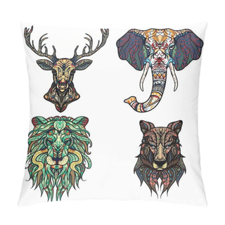 Personality Set Of Abstract Vector Tattoo Illustrations. Lion, Deer, Elephant And Wolf Ethnic Patterned Totem. Leo Zodiac Sign. T-shirt Print, Bag, Postcard, Poster. African / Indian Design Pillow Covers
