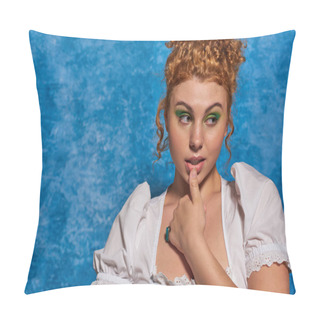 Personality  Flirty Redhead Plus Size Woman In White Blouse Touching Lips And Looking Away On Blue Backdrop Pillow Covers