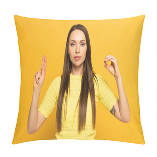 Personality  Attractive Woman Showing Letters From Sign Language On Yellow Background Pillow Covers