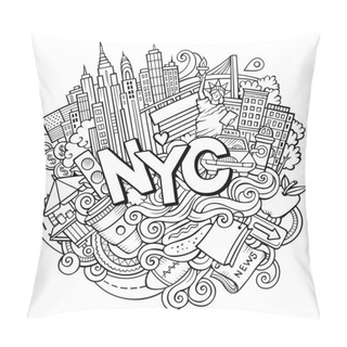 Personality  Cartoon Cute Doodles Hand Drawn New York Inscription. Sketch Illustration With American Theme Items. Line Art Detailed, With Lots Of Objects Background. Funny Vector Artwork Pillow Covers