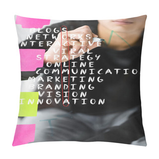 Personality  Cropped View Of Seo Manager Writing On Glass With Illustration Of Concept Words Of Social Media  Pillow Covers