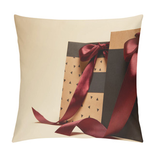 Personality  Fashionable Brown And Black Shopping Bags With Bows Isolated On Beige  Pillow Covers