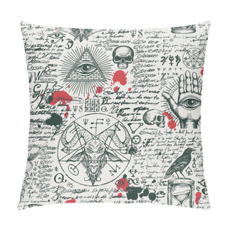 Personality  Vector Seamless Pattern On A Theme Of Occultism And Freemasonry In Vintage Style. Abstract Background With Hand-drawn Sketches, Masonic Symbols, Blood Drops And Scribbles Imitating Handwritten Text Pillow Covers