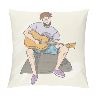 Personality  A Young Man Sits On A Rock And Plays The Guitar. Tourism. Pillow Covers