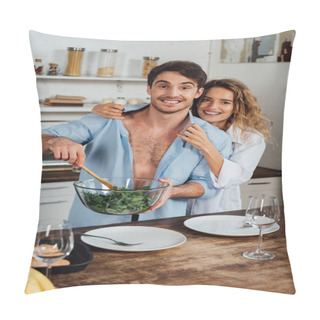 Personality  Happy Couple Embracing While Cooking Salad Together In Kitchen Pillow Covers