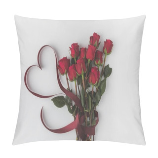 Personality  Top View Of Beautiful Red Roses With Ribbon Isolated On White, St Valentines Day Concept Pillow Covers