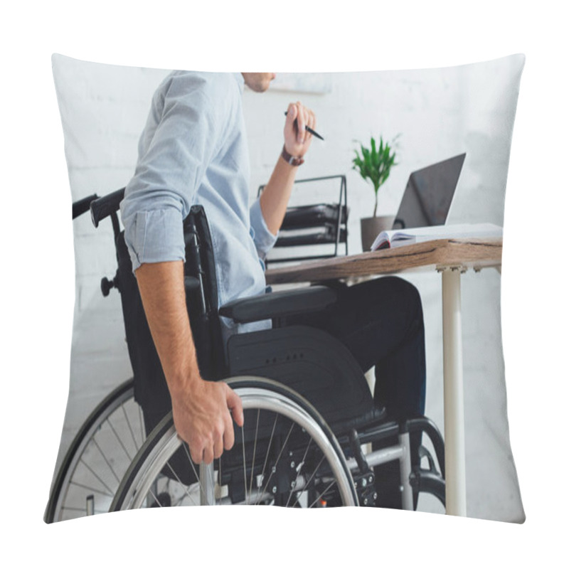 Personality  Cropped View Of Man Sitting In Wheelchair By Notebook At Workplace Pillow Covers