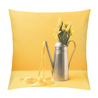Personality  Beautiful Yellow Spring Flowers In Watering Can With Ribbon On Yellow  Pillow Covers