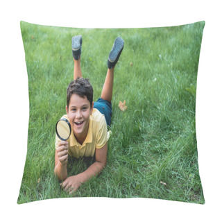 Personality  Cheerful Boy Lying On Grass And Holding Magnifier  Pillow Covers
