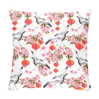 Personality  Red Chinese Lantern In Spring Pink Flowers - Apple, Plum, Cherry, Sakura And Dancing Crane Birds. Seamless Pattern. Watercolor Pillow Covers