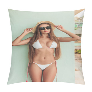 Personality  Attractive Slim Girl Posing In Stylish Bikini, Sunglasses And Hat Pillow Covers