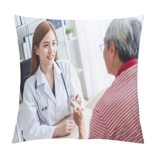 Personality  Asian Doctor Woman Explaining Old Patient For Taking Medicine, Asian Medical Concept Pillow Covers