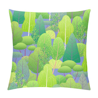 Personality  Seamless Pattern With Colorful Forest Trees And Bushes On Blue Background. Endless Texture With Simple Elements Of Plants.  Spring Foliage Vector Flat Illustration.  Pillow Covers