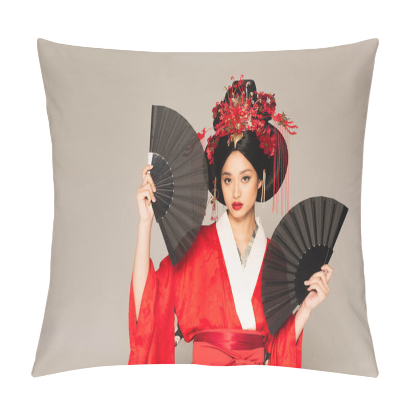 Personality  Asian Woman In Kimono Holding Black Fans Isolated On Grey  Pillow Covers