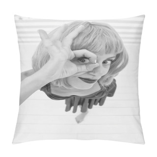 Personality  Crazy Girl Look Through Ok Gesture. Success And Positive. Think Positively. Crazy Girl Is In Perfect Mood. What Do You See. Future Prospects Concept. Everithing Is Ok. Pillow Covers